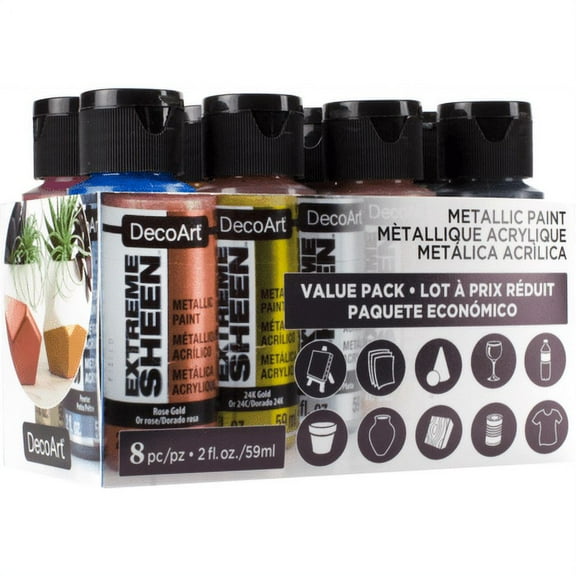 DecoArt Extreme Sheen Acrylic Metallic Paint, Value Pack of 8, 2 oz.
