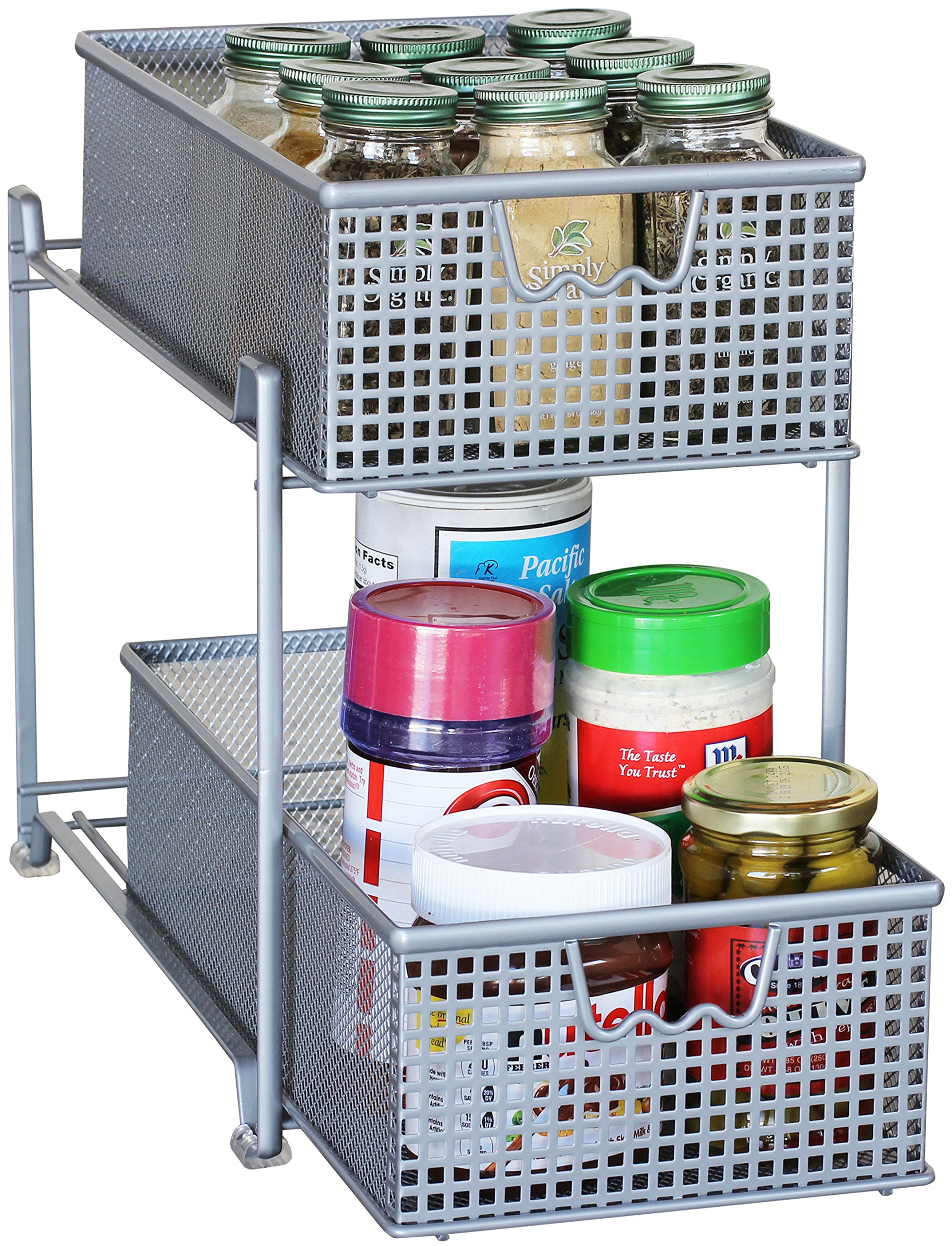 DecoBros 2 Tier Mesh Sliding Basket Organizer Drawer,Silver