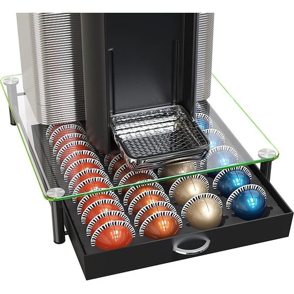 DecoBrothers Crystal Tempered Glass Vertuo Pod Holder Drawer, 24 Large or 48 Small Nespresso Capsule Organizer