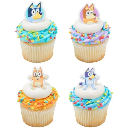 DecoPac Bluey So Much Fun Rings, 24 Cupcake Decorations Featuring Bluey, Bingo, Bandit, and Chilli, 3D Food Safe Cake Toppers – 24 Pack