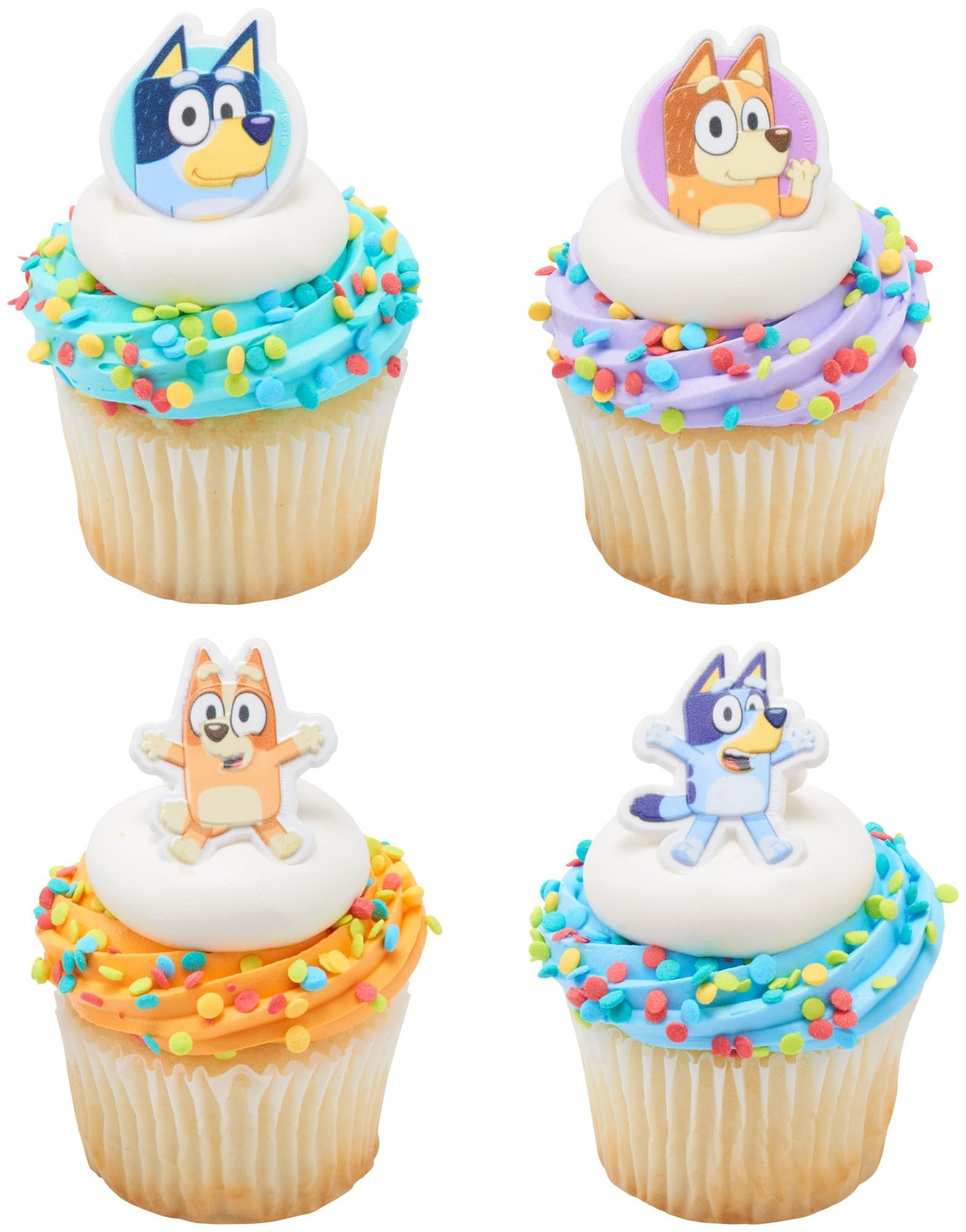 DecoPac Bluey So Much Fun Rings, 24 Cupcake Decorations Featuring Bluey, Bingo, Bandit, and Chilli, 3D Food Safe Cake Toppers 24 Pack