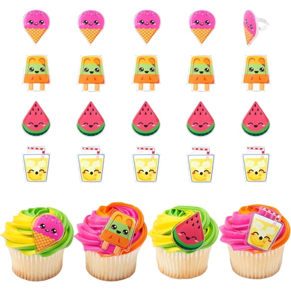 DecoPac Cool Summer Treats Cupcake Toppers, 24 Cupcake Rings With Popsicles, Ice Cream, Watermelon, Lemonade, Food Safe Summer Pool Party Decorations - 24 Pack