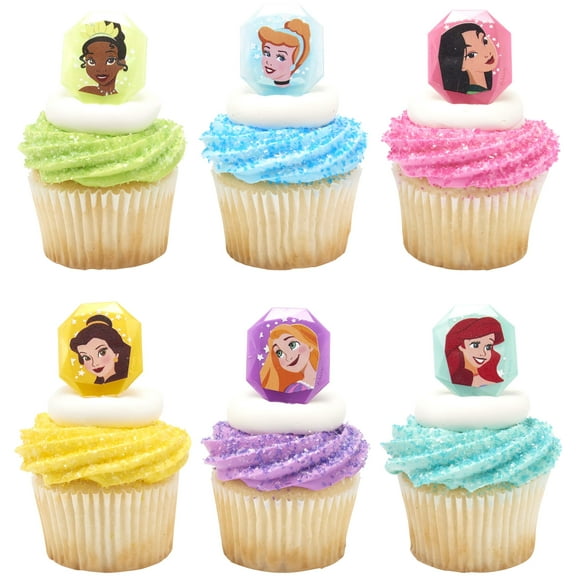 DecoPac Disney Princess Gemstone Rings, Cupcake Decorations Featuring Mulan, Cinderella, Tiana, Belle, Rapunzel and Ariel, Multicolored 3D Food Safe Cake Toppers - 24 Pack