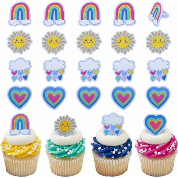 DecoPac Joyful Sunshine Cupcake Toppers, 24 Colorful Cupcake Rings For Birthday Parties, Featuring Rainbows, Hearts, Clouds, & Sun - 24 Pack