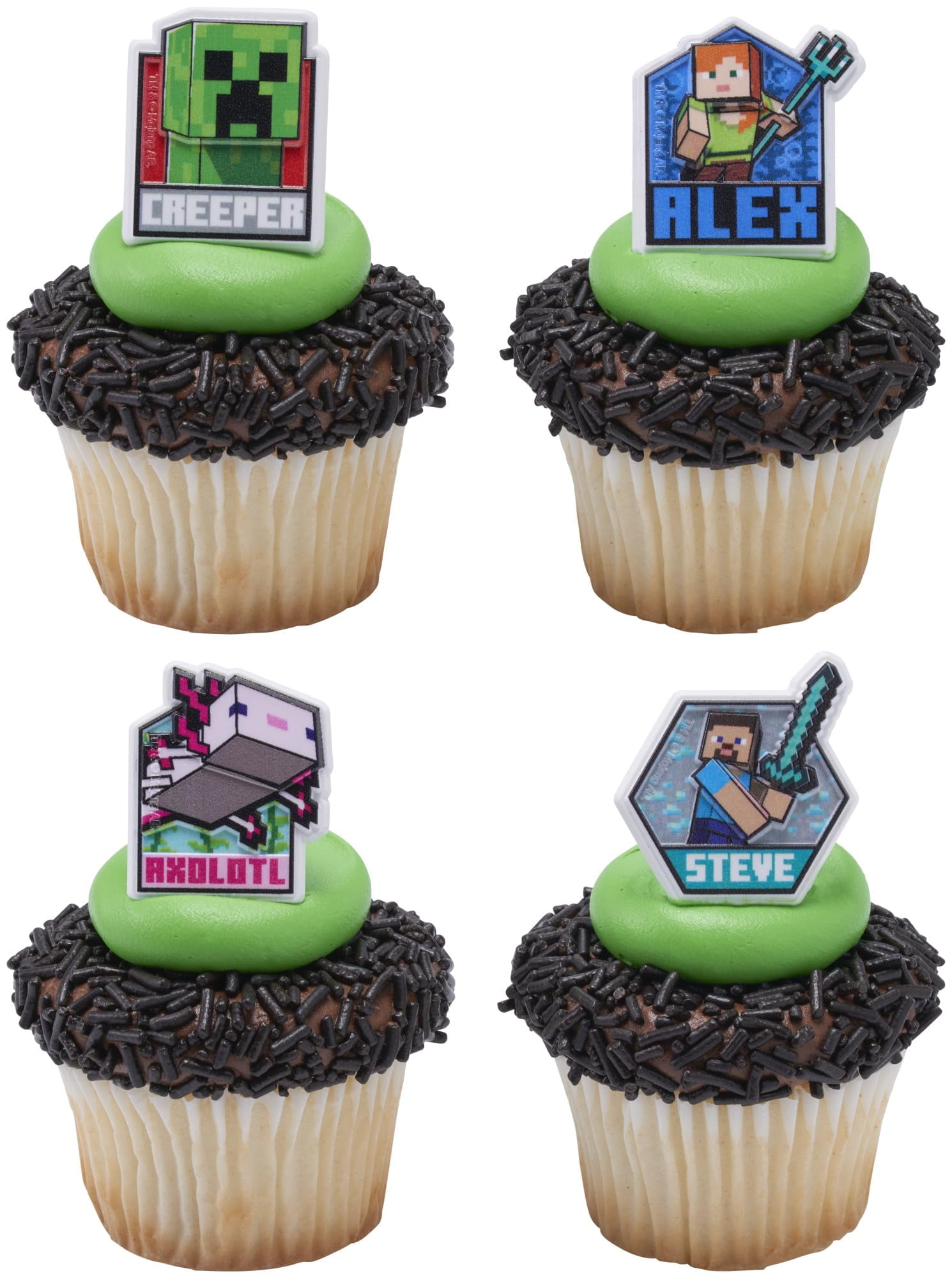 DecoPac Minecraft Lush Finds Rings, Cupcake Decorations Featuring Creeper, Alex, Steve and Axolotl! Multicolored 3D Food Safe Cake Toppers 24 Pack