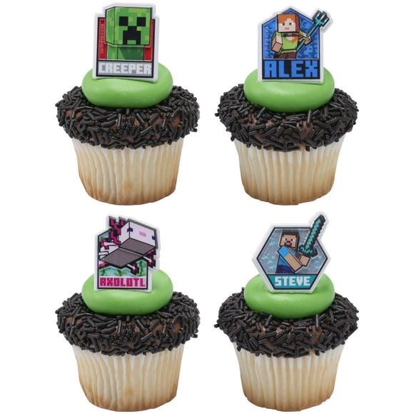 DecoPac Minecraft Lush Finds Rings, Cupcake Decorations Featuring Creeper, Alex, Steve and Axolotl! Multicolored 3D Food Safe Cake Toppers 24 Pack