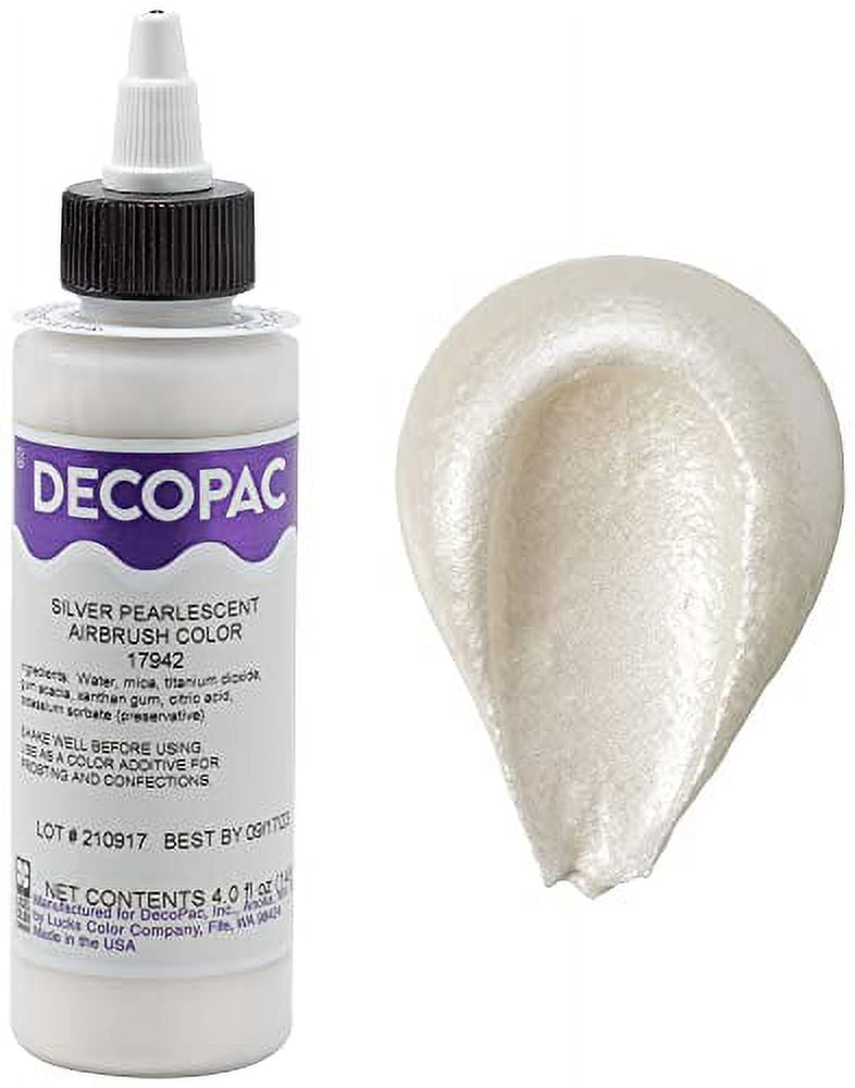 DecoPac Premium Airbrush Color, Pearlescent Silver Shimmer, Edible Airbrush Paint for Decorating Cakes, Cupcakes, and Cookies, Food Coloring, 4oz