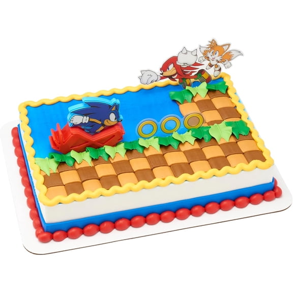 DecoSet Sonic The Hedgehog , 3-Piece Decoration Set With Tails & Knuckles Cake Pic, Rings Cake Pic And Rolling Sonic Action Figurine, For Birthday And Celebrations