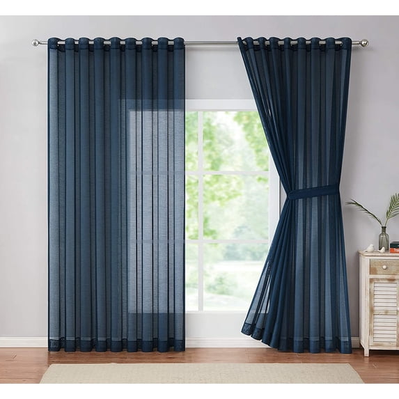 DecoSource - 2 Extra Wide Grommet Semi-Sheer Curtain Panels - Total Size 216 Inch Wide 108 Inch Each Panel - 108 Inch Long - Natural Light Flow 2 Panels - 108" W x 108" L - Each Panel, Navy