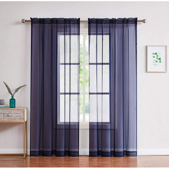 DecoSource - 2 Rod Pocket Sheer Curtains Panels - Voile Curtains for Window Treatment - Natural Light Flow 56" W x 96" L - Each Panel, Navy