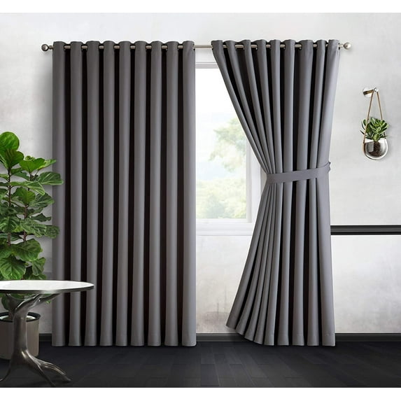 DecoSource - 2 Wall-to-Wall Blackout Grommet Curtains Panels - 108 Inch Long with Tiebacks - Total Size 216 Inch Wide 108 Each Panel - Solid Thermal Insulated 108" x 108", Light Grey
