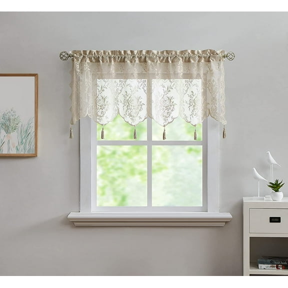 DecoSource - English Rose Design - Lace Semi Sheer Voile Valance Rod Pocket with 4 Tassels - for Living Room Bedroom, Bathroom Kitchen and More 1 Valance 54" W x 22" L Each, Linen