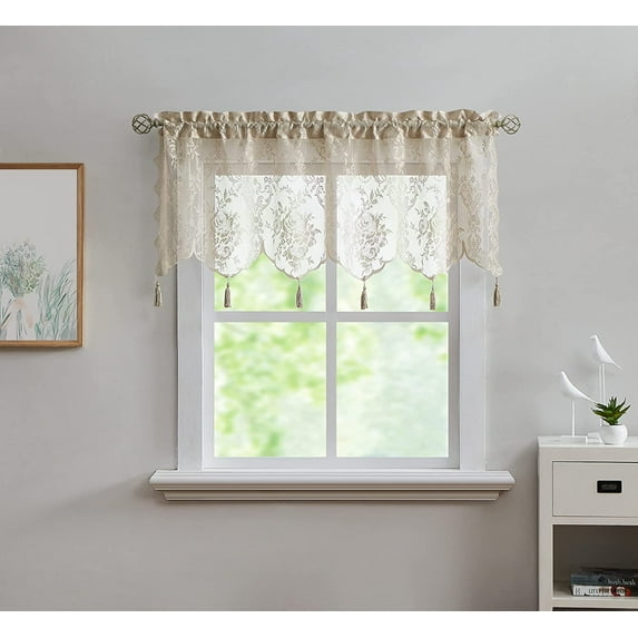 DecoSource - English Rose Design - Lace Semi Sheer Voile Valance Rod Pocket with 4 Tassels - for Living Room Bedroom, Bathroom Kitchen and More 1 Valance 54" W x 22" L Each, Linen