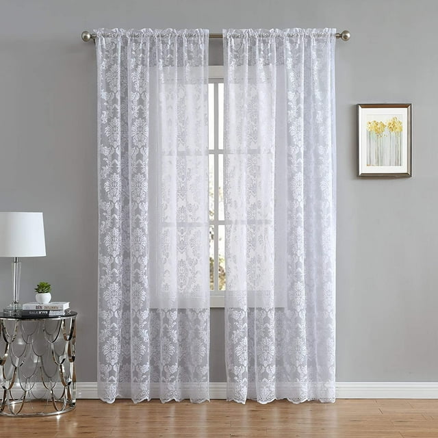 DecoSource Knitted Lace Curtain Medallion Design with Scalloped Bottom - Rod Pocket - Total Size 108 Inch Wide 54 Inch Each Panel - 84 Inch Long 2 Panels 54 x 84, White
