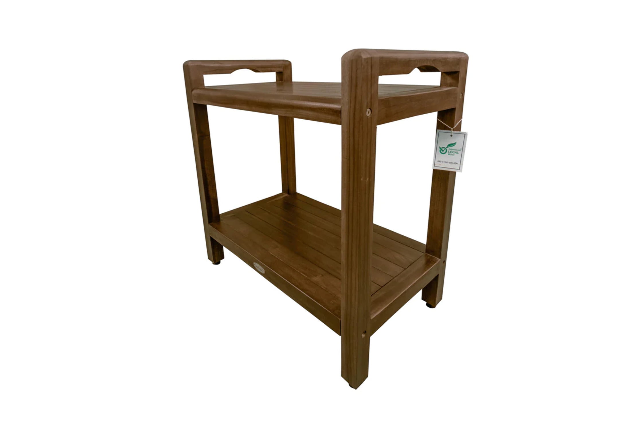 Woodland Brown Teak Shower Bench with LiftAide Arms and Shelf