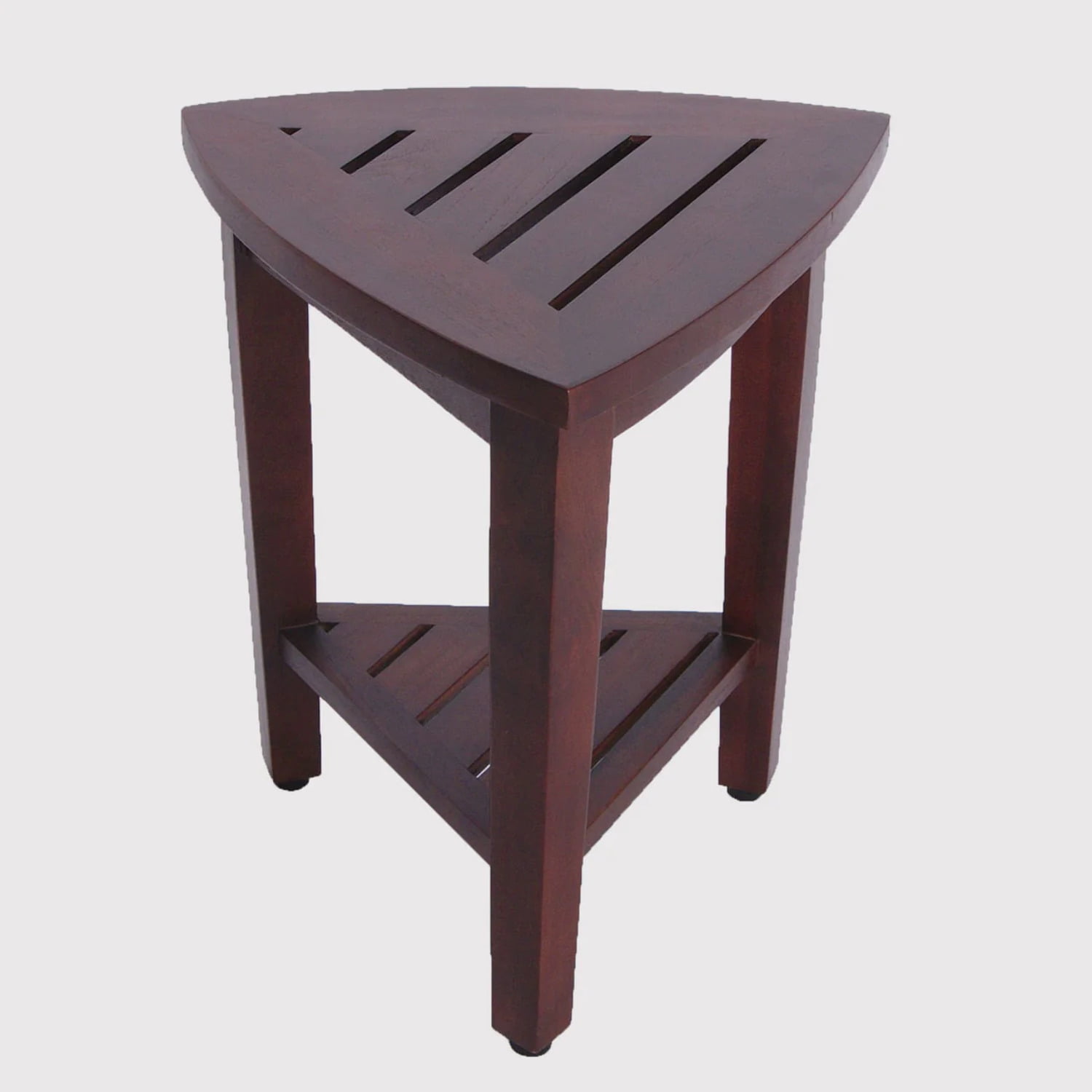 Compact Woodland Brown Teak Corner Shower Bench with Shelf
