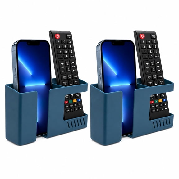 DECOBAY D3 Wall Mount Phone Holder with Adhesive, Punch-Free Phone Charging Stand and Remote Control Storage Box, Bedside Wall Organizer for Bathroom, Kitchen, Bedroom, Office, 2 Pack, Blue