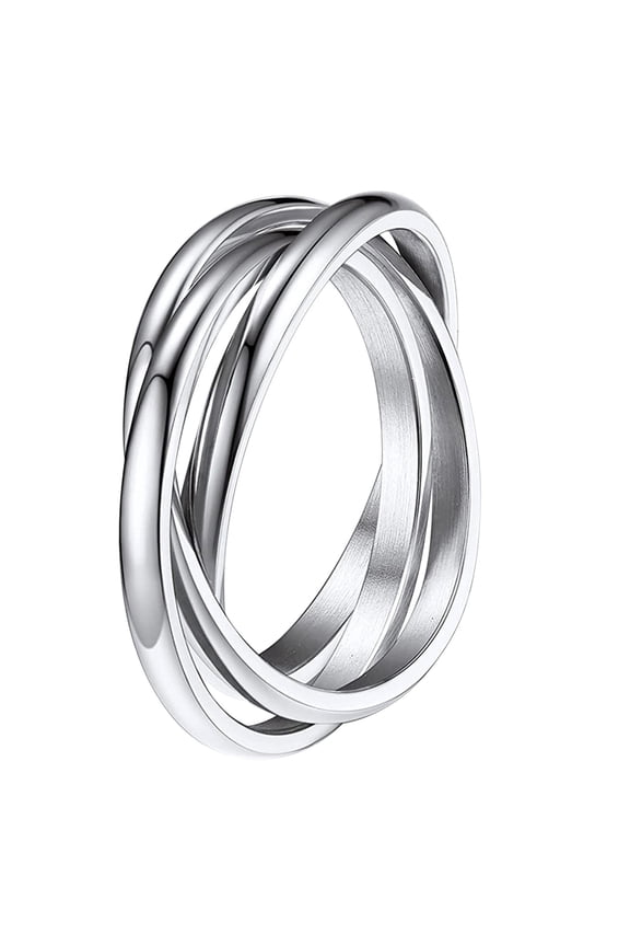 Decompression Three Rings Rotating Wedding Band Stainless Steel Silver Ring for Women Men Adjustable Size 6-12, Silver