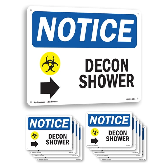 Decon Shower [Right Arrow] OSHA Notice Aluminum Sign 14 Inch x 10 Inch - 10 Pack