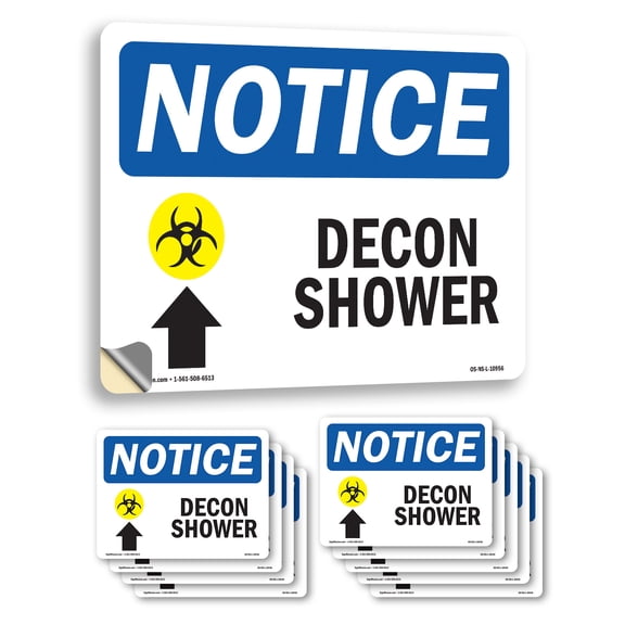 Decon Shower [Up Arrow] With Symbol OSHA Notice Vinyl Decal Label 10 Inch x 7 Inch - 10 Pack