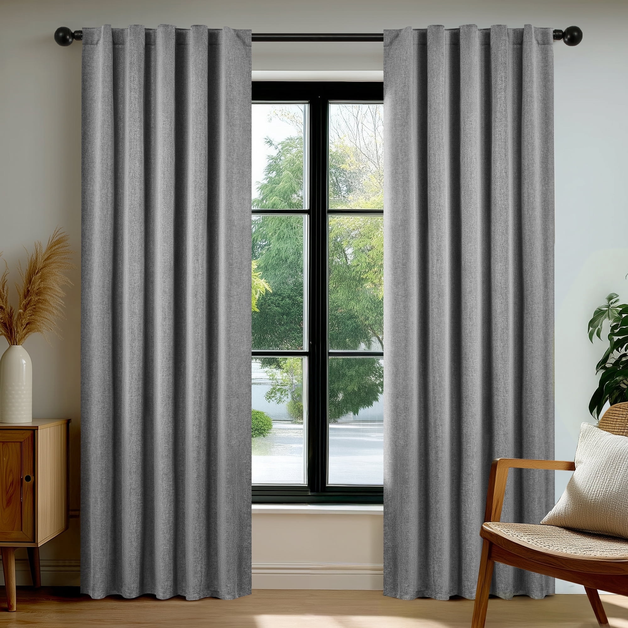 Deconovo Blackout Linen Look Curtain Panels for Bedroom, Thermal Insulated Window Curtains with Back Tab and Rod Pocket, Dark Gray, 38 x 84 Inch, 2 Panels