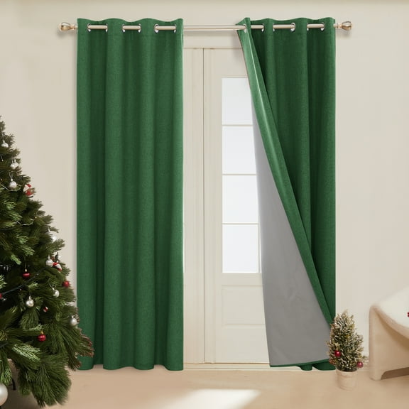 Deconovo 100% Blackout Curtains 63 inch 2 Panels, Linen Textured Burlap Curtains with Coating, Grommet Outdoor Curtains for Christmas Decor(Dark Forest, 52 x 63 inch, 2 Panels)