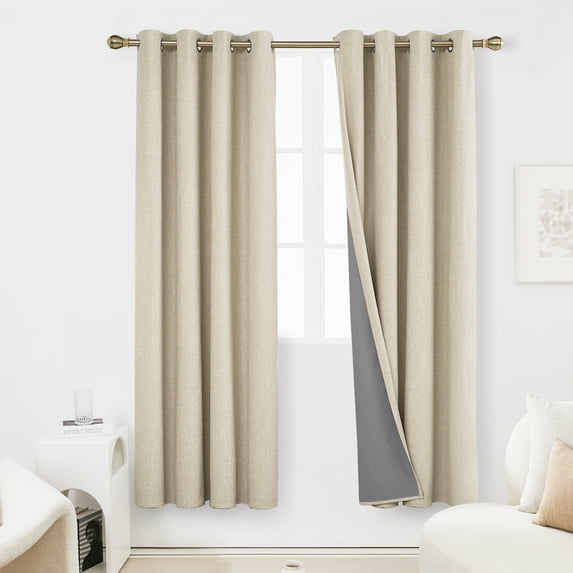 Deconovo 100% Blackout Curtains for Bedoroom Burlap Curtains Thermal Insulated Linen Textured Window Curtains for Office, 52 x 72 inch, Flaxen, Set of 2