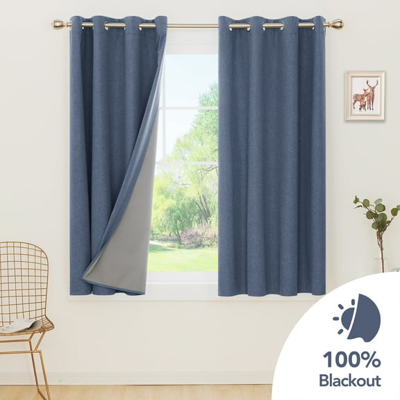 Deconovo 100% Blackout Curtains Blurlap Curtains Linen Look, Grommet Curtains Full Light Blocking, Energy Saving Curtains for Dining Room（Blue, 52 x 54 inch, 2 Panels）