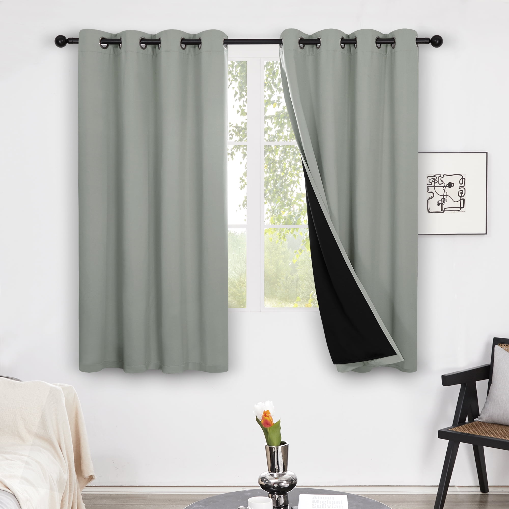 Deconovo 100% Blackout Curtains Gray Double Layers Total Full Dark Blocking  Sun Light Thermal Insulated for the Bedroom, 2 Panels, 52x54 in, Light Gray