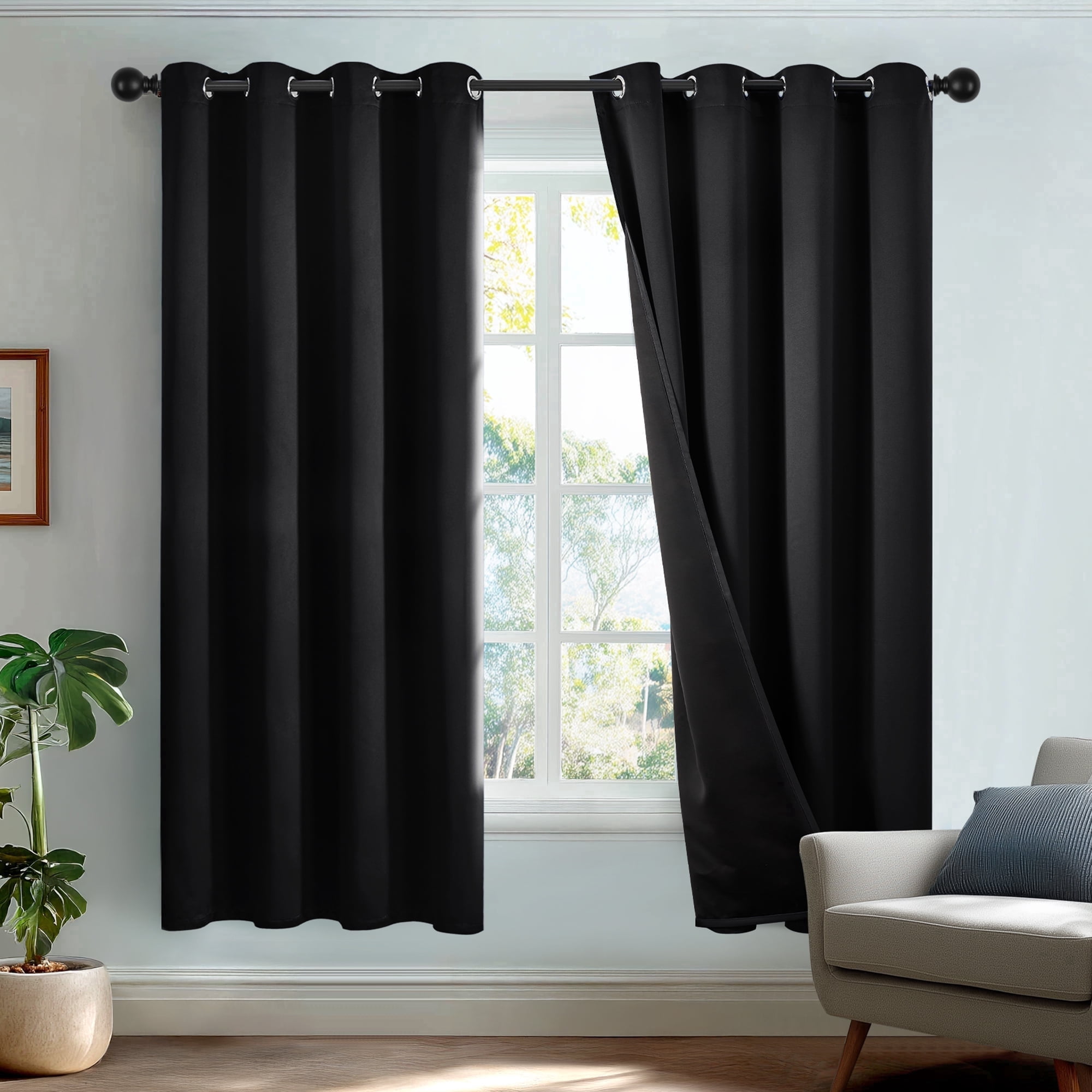 Deconovo 100% Blackout Grommet Curtains for Bedroom and Kids Room, Noise Reduction, 2 Panels, 52"x72", Black