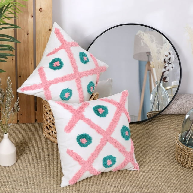 Deconovo 18 x 18 inch Cotton Linen Throw Pillow Covers, Boho Decorative Tufted Decorative Pillowcase, Set of 2, Pink and Green