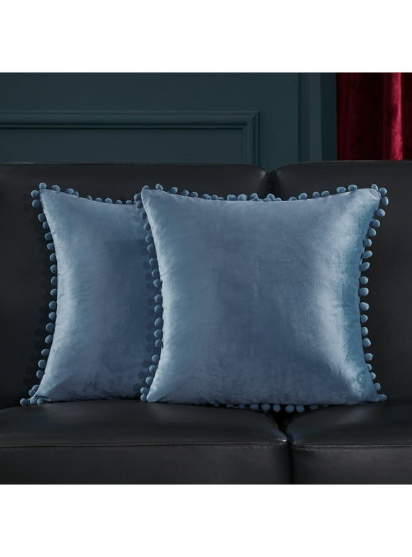 Deconovo 18 x 18 inch Square Velvet Throw Pillow Covers Pack of 2 Pom Poms Decorative Pillowcase for Couch Bedroom Car, Haze Blue