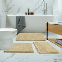 Deconovo 3 Pieces Bathroom Rugs Set Absorbent Shaggy Bath Mat, Ultra Soft Chenille Toilet Bath Mat Set Non Slip, Beige