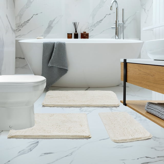 Deconovo 3-Piece Non-Slip Bathroom Rugs Set, Absorbent Soft Chenille Bath Mats, Contoured Rug ...