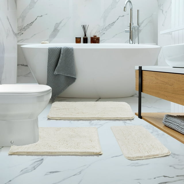 Deconovo 3 Pieces Bathroom Rugs Set Non Slip, Ultra Soft Chenille Bath Mat, Absorbent Chenille Toilet Bath Mat Set, White