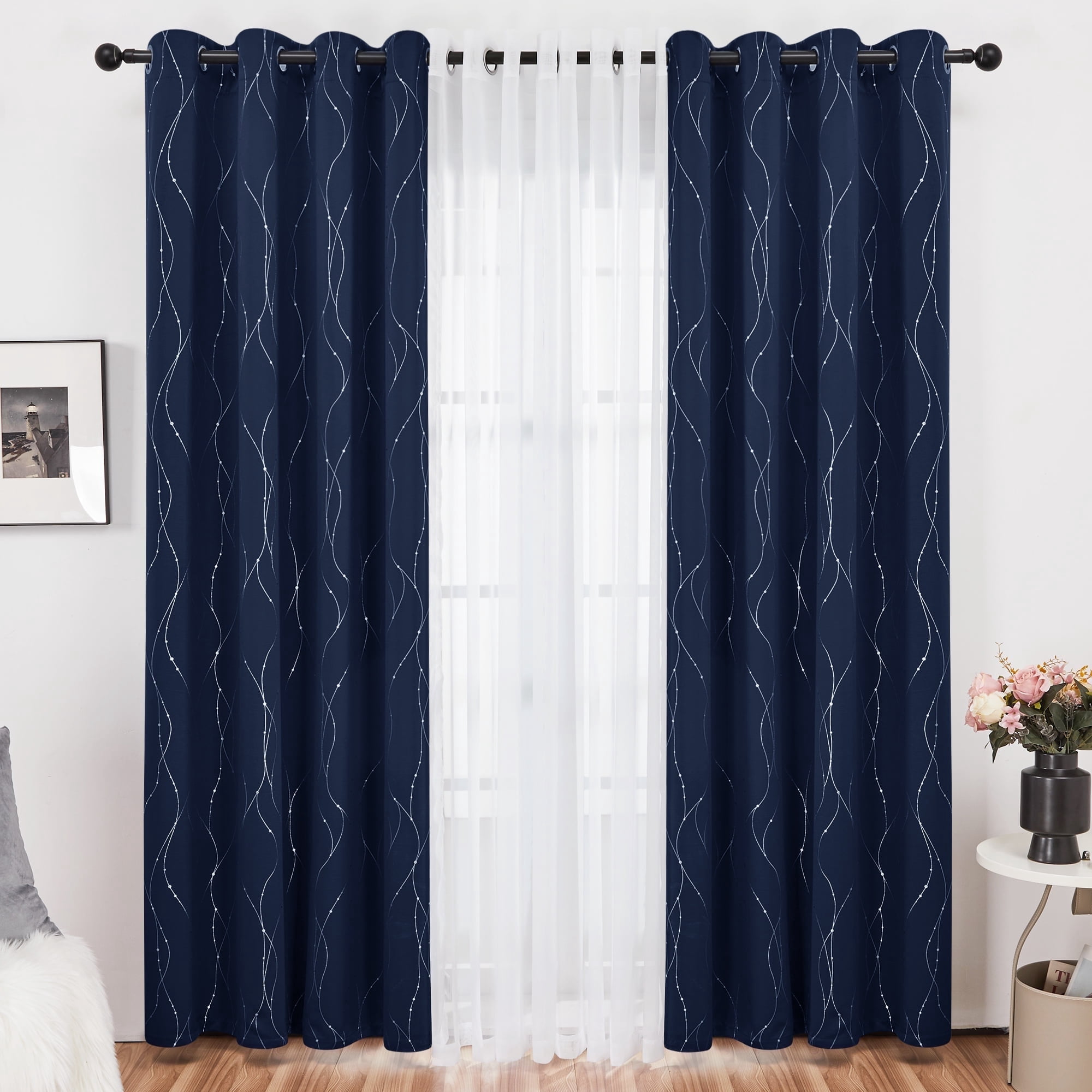 Deconovo 52"x72" Grommet Blackout and Sheer Curtains Set for Bedroom, Navy Blue/White, 4 Pcs, Adult