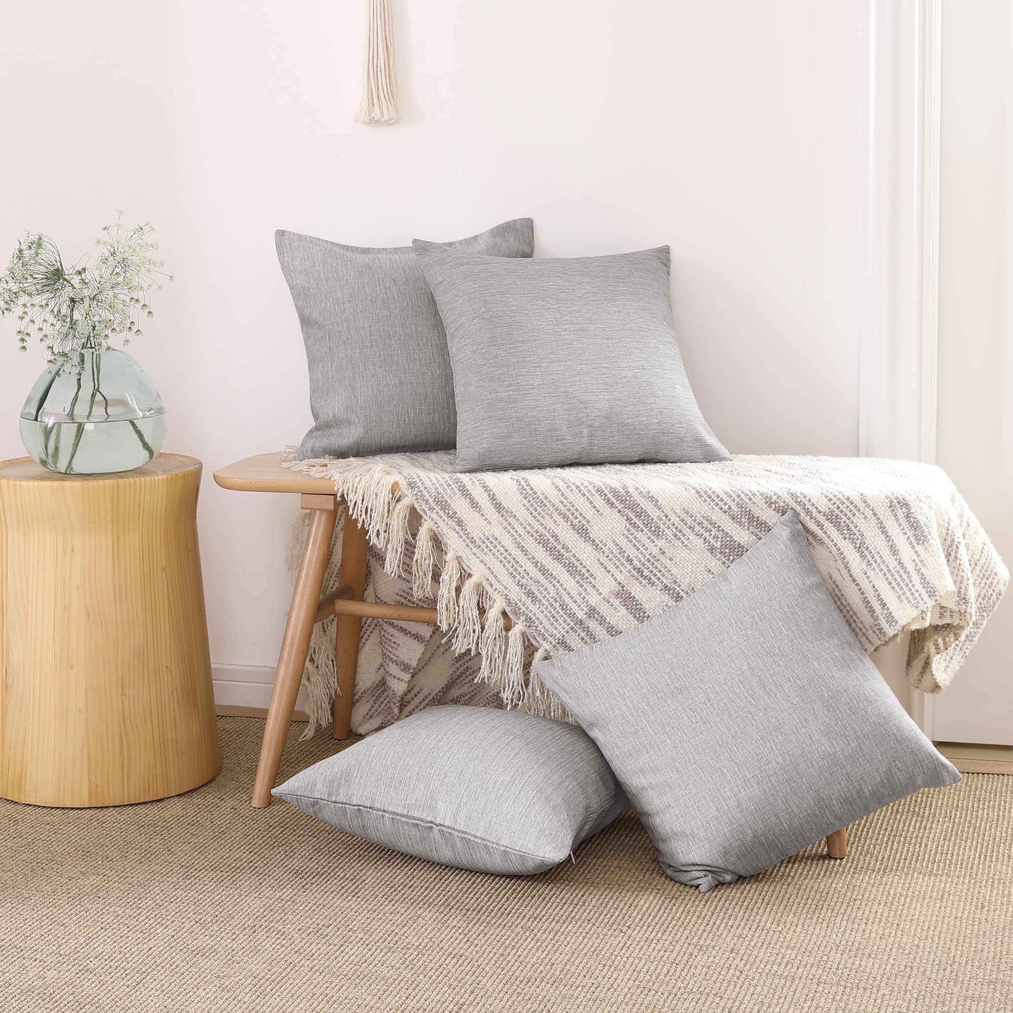 Deconovo 4 Pcs Faux Linen Square Throw Pillow Covers for Couch Sofa Chair 18x18 inch Light Gray