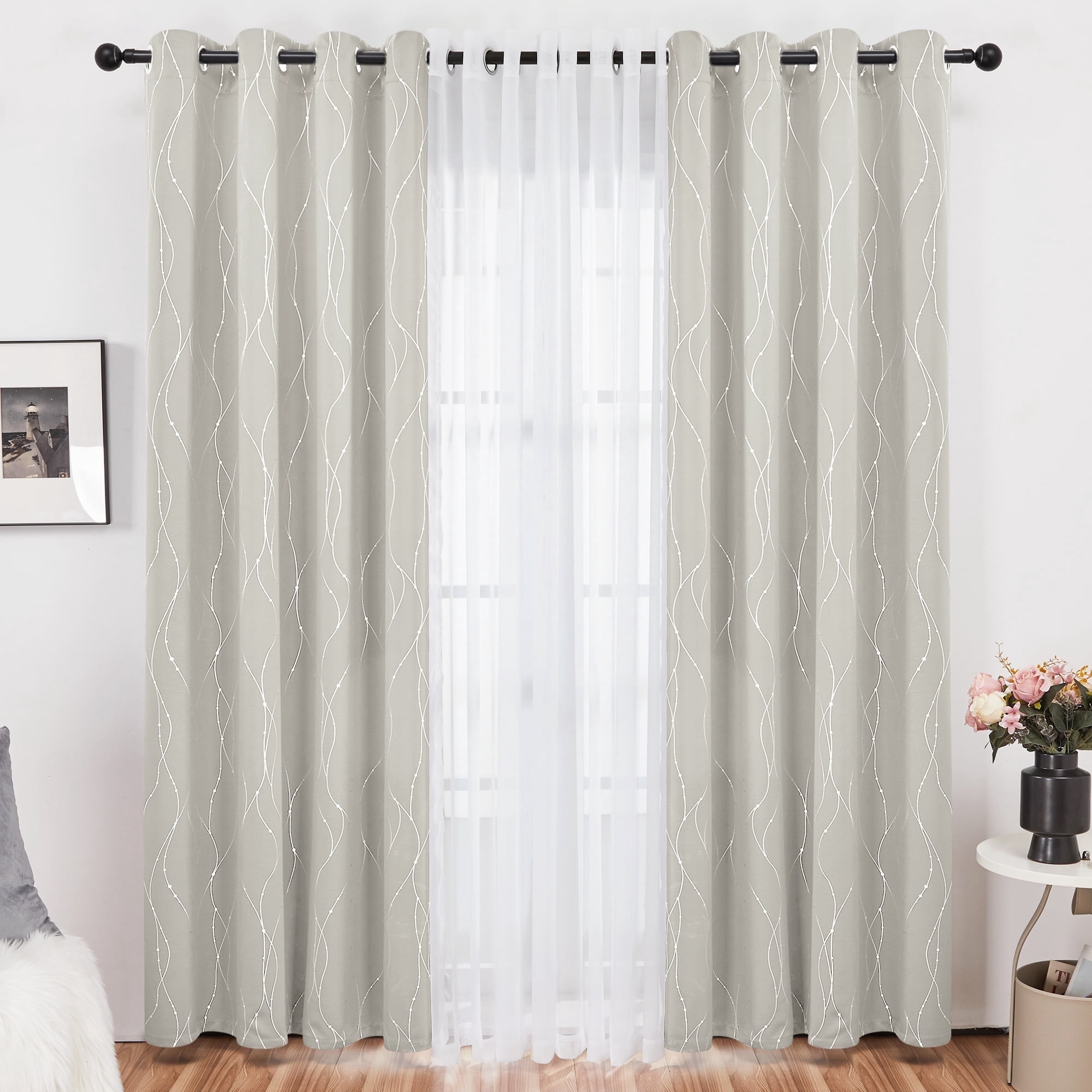 Deconovo 4 Pcs Blackout and Sheer Curtains Set for Bedroom, Light Beige/White, 42"x72", Grommet Top