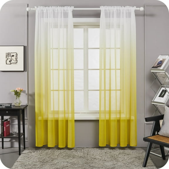 Deconovo Rod Pocket Ombre Voile Curtains for Living Room, Yellow, 52W x 84L Inch, Semi Sheer Window Panels, Set of 2