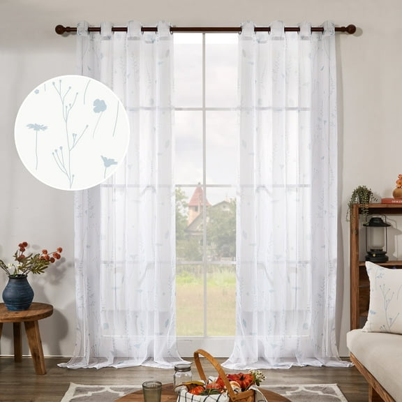 Deconovo 2 Panels Decorative Sheer Curtains for Living Room, Floral Pattern Design, 52 x 63 Inch, White