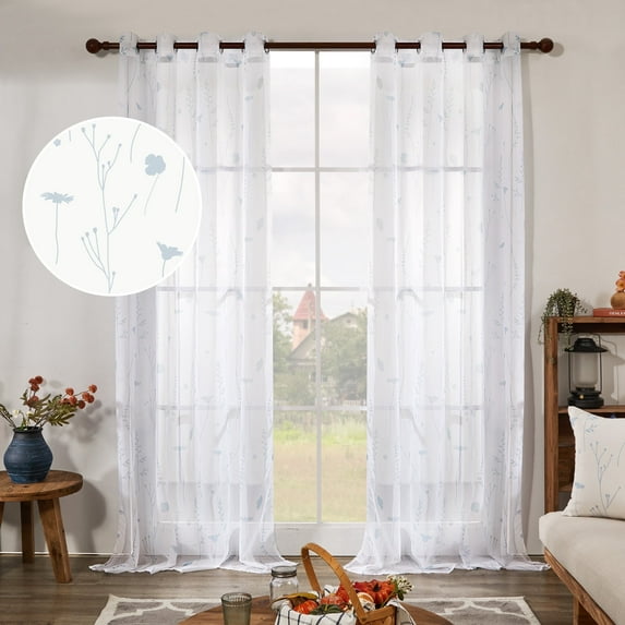Deconovo 2 Panels Decorative Sheer Curtains for Living Room, Floral Pattern Design, 52 x 63 Inch, White