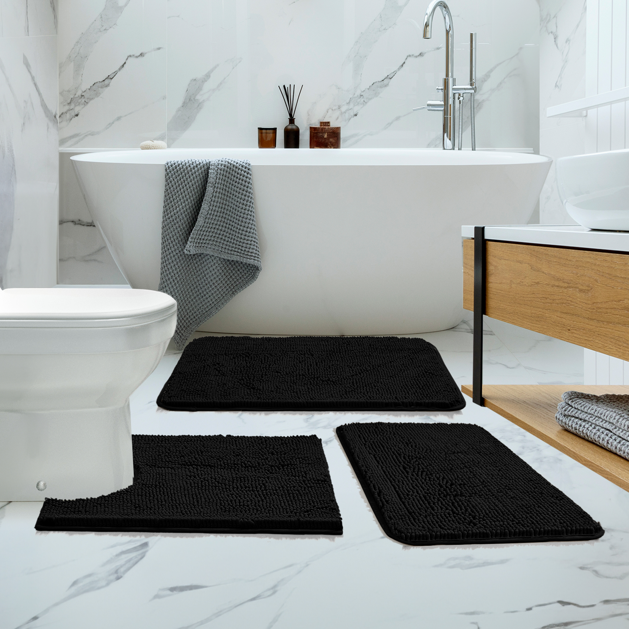 Popular Bath Sinatra Black Bathroom Banded Bath & Contour Rug Set ...