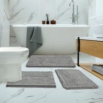 Deconovo Bathroom Rugs Set Non Slip 3 Piece Bath Mat, Soft Chenille Bathroom Rugs Absorbent Shaggy Rugs for Bathroom, Light Gray