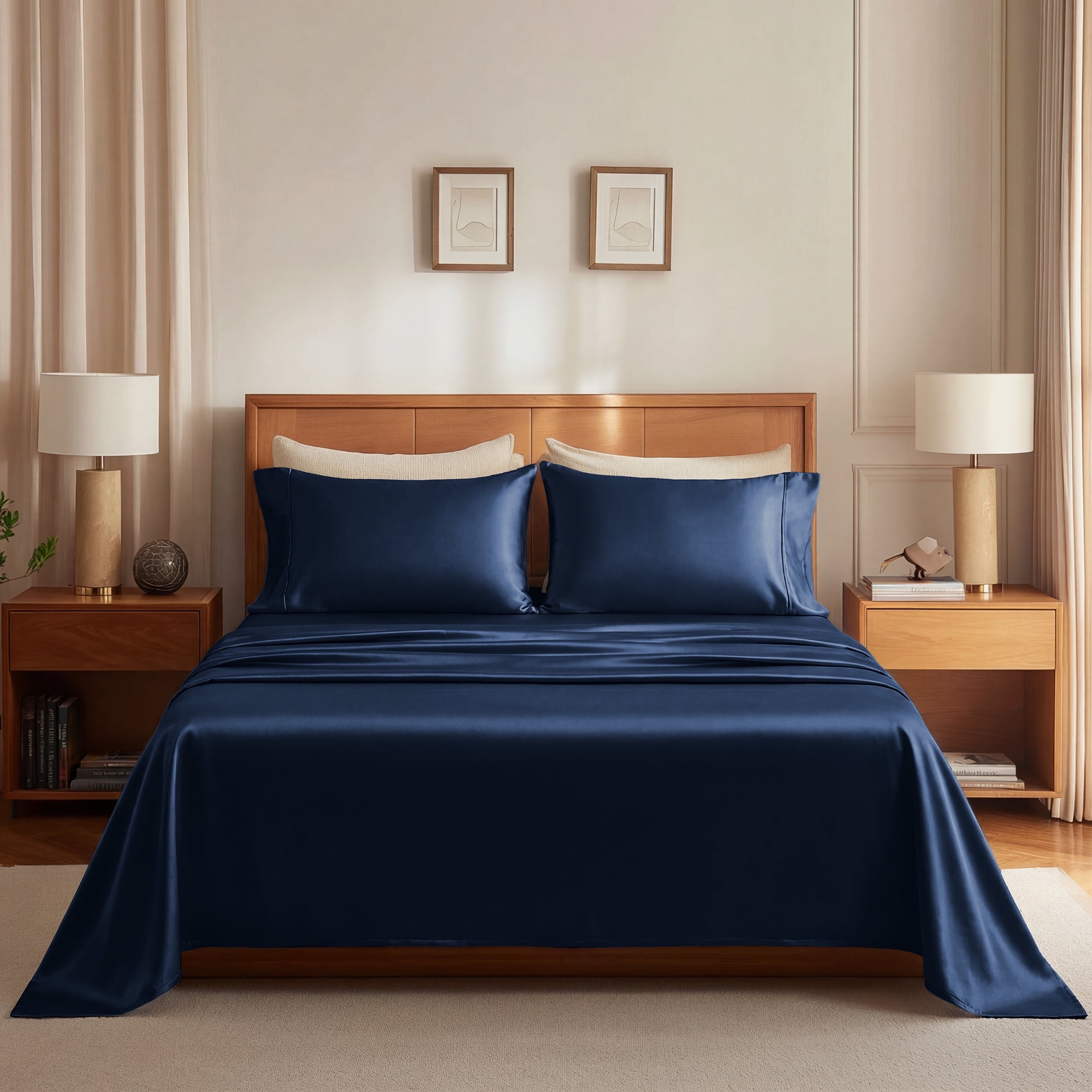 Deconovo Bed Sheets Set - Soft Cooling and Breathable Bamboo Fiber Satin 4 Piece Eco-Friendly Bedding, Navy Blue, King Size