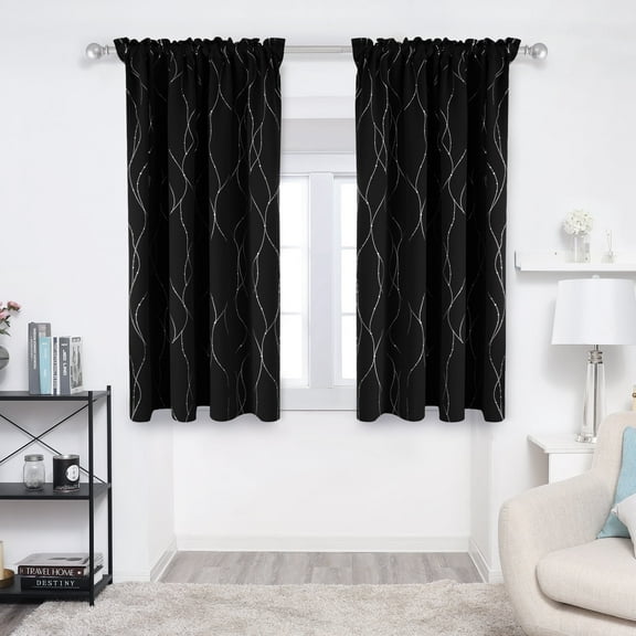 Deconovo Black 42 x 63 inch Blackout Curtains Wave Line Foil Printed Drapes for Bedoom, 2 Panels