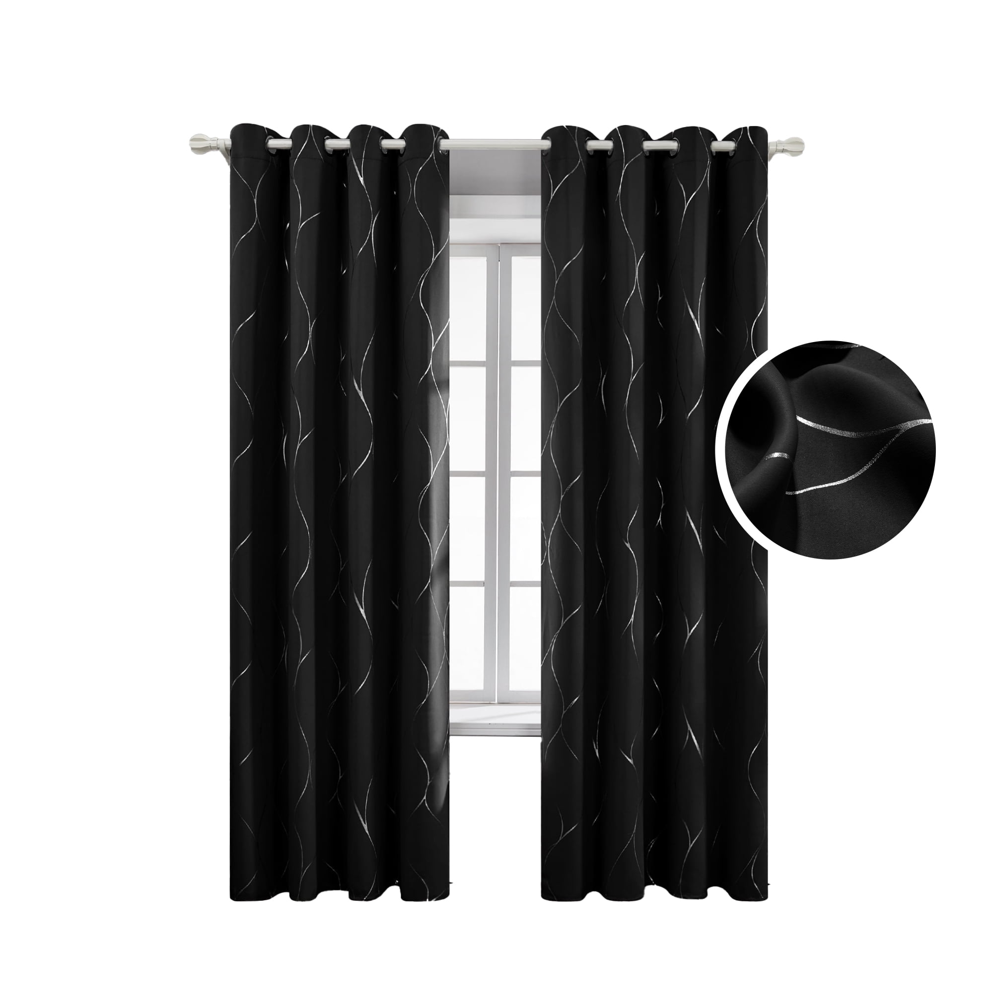 Deconovo Black 52W x 84L Silver Wave Foil Print Grommet Blackout Curtains for Living Room, 2 Panels