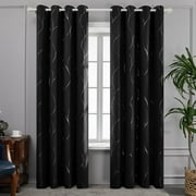 Deconovo Black 52W x 84L Silver Wave Foil Print Grommet Blackout Curtains for Living Room, 2 Panels