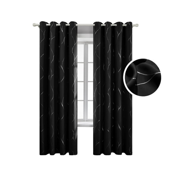 Deconovo Black 52W x 84L Silver Wave Foil Print Grommet Blackout Curtains for Living Room, 2 Panels