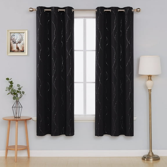 Deconovo Blackout Curtains, Energy Saving, 2 Panels, Black, 42W x 72L Inch, Noise Reducing, Thermal Insulated With Wave Line and Dots