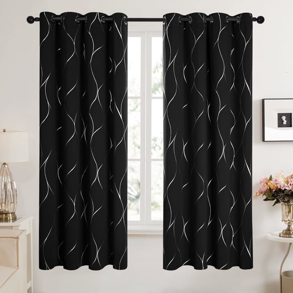 Deconovo Black Blackout Curtains Silver Wave Foil Print for Bedroom, 52Wx 72L inch, Set of 2